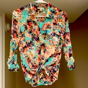 Chiffon sheer tie front button down shirt